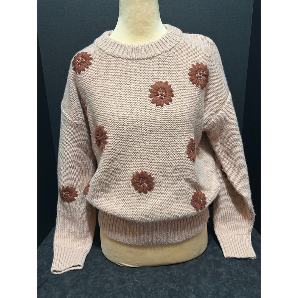 Madewell Size S Dusty Pink Floral Daisy Appliqué Soft Sweater
